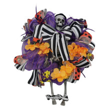 17,7 tommer Halloween-krans med lyskæder til hoveddøren, Halloween-dekoration med kranium, kunstige blomsterornamenter til indendørs