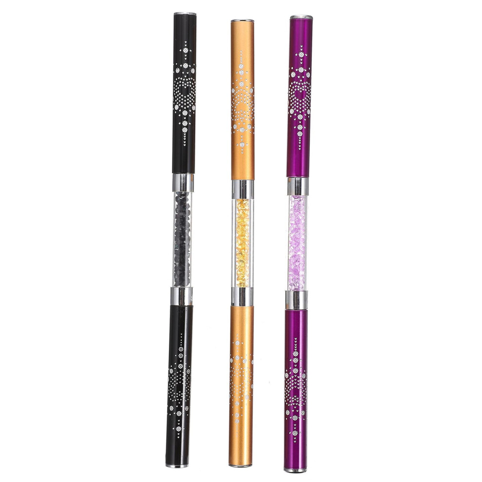 Yellow/Purple/Black 3Pcs Doubleended Nail Art Pens With Rhinestones, Precision Manicure Tools For Salon And Home Use In
