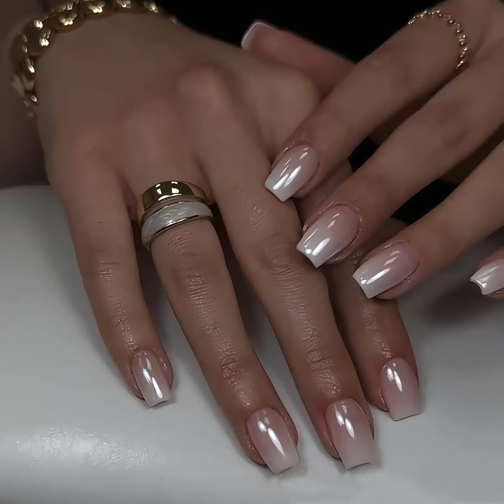 Pink Ombre Press On Nails Short Chrome Glitter French, Aurora Finish Fake Nails For Women