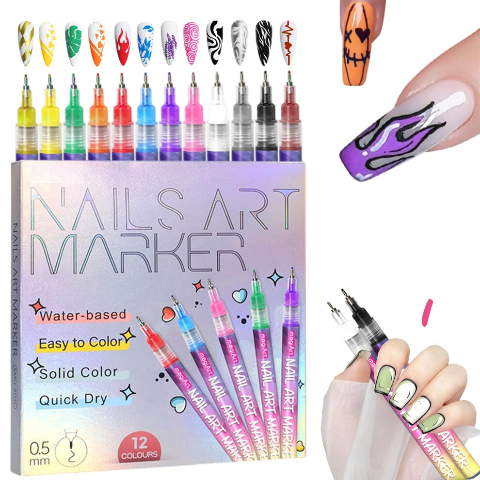 12 Colors Nail Art Pens Set with Ultrafine 0.5mm Tip, Waterproof QuickDry Markers for DIY Manicure