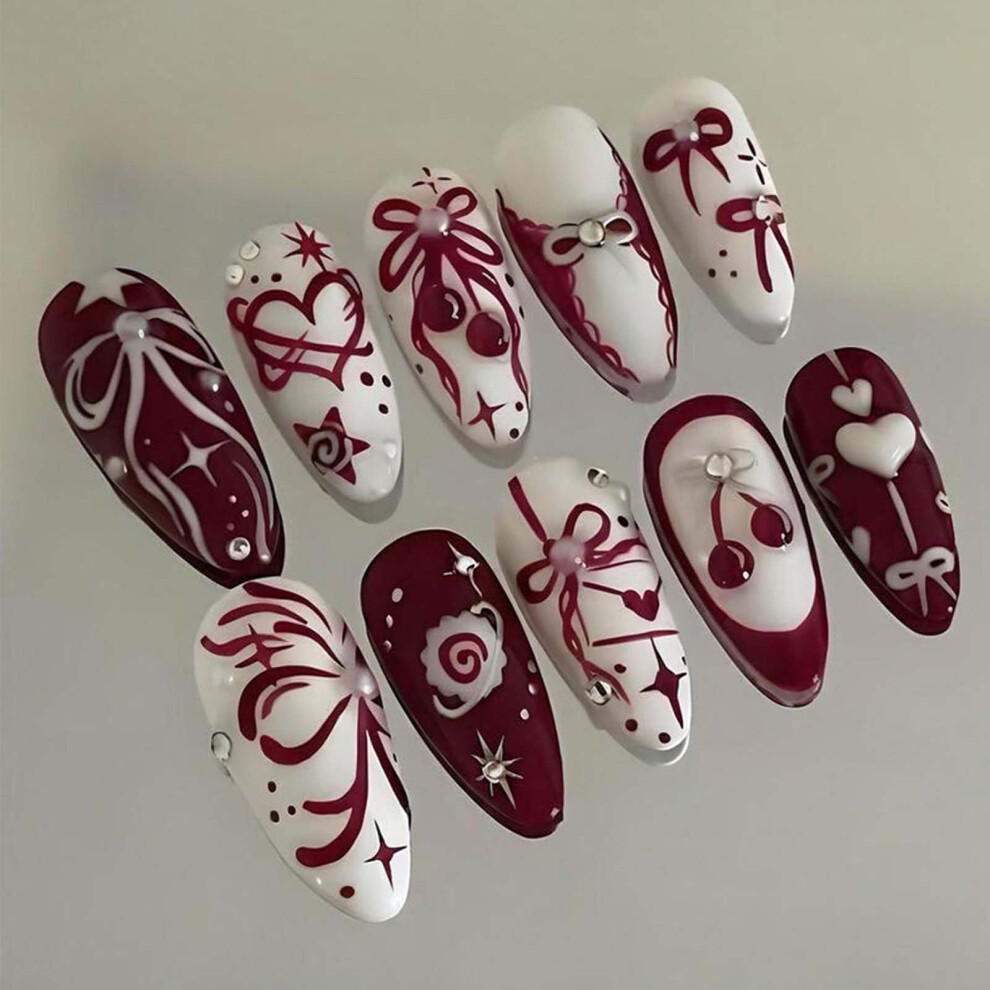 24Pcs Holiday Press On Nails Medium Almond Red White Bow Heart Cherry Design with Glue