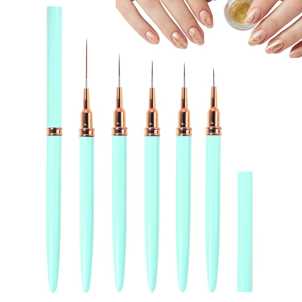 Blue Nail Art Liner Brushes Set 5Pcs With Precision Metal Tips And Metallic Nail Art Pens For Gel Polish