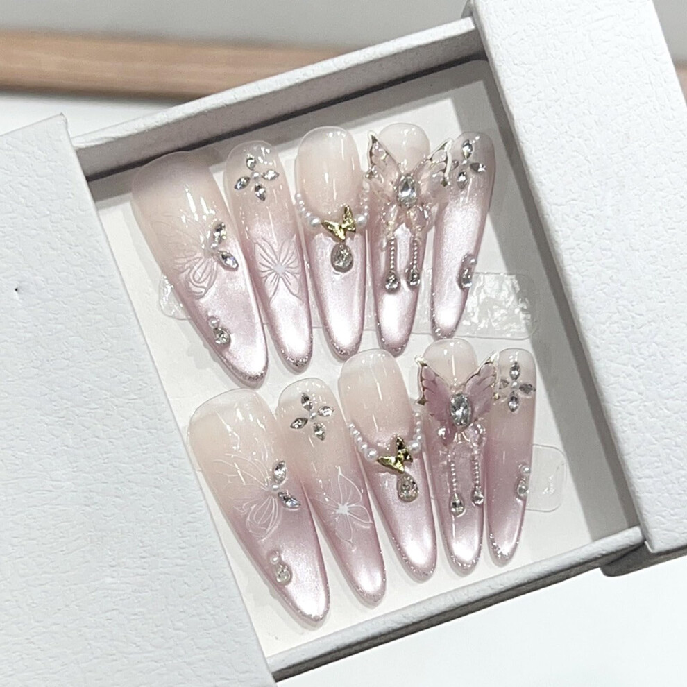 Pink,Purple Pink Purple Cat Eye Press On Nails With 3D Butterfly Glitter, Reusable Stiletto Fake Nails