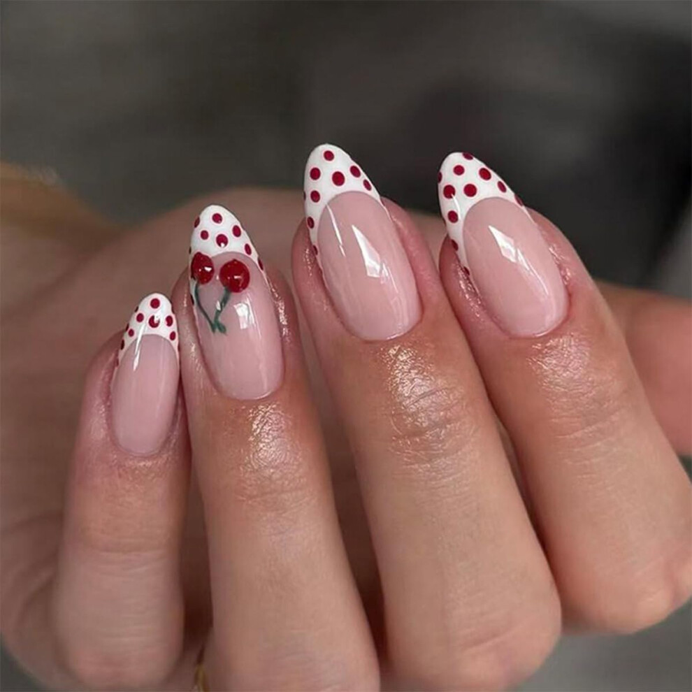 Red Wine Almond Press On Nails With Polka Dot French Tips, Reusable Acrylic Fake Nails Set 24Pcs