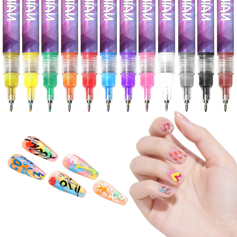 12 Colors Nail Art Pens Set with 0.5mm Precision Tip for Gel Nails, LongLasting Acrylic Ink