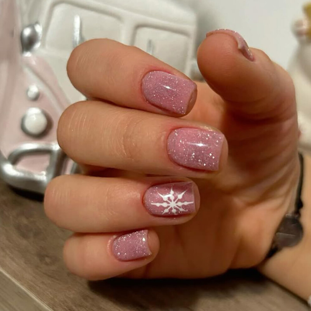 24pcs Christmas Press On Nails with Glitter Snowflake Design, Durable ABS Holiday False Nail Set