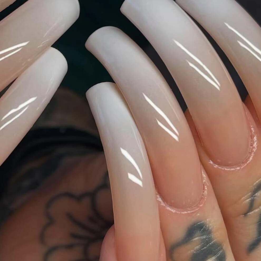 Cream Extra Long Curved Press On Nails Nude Ombre Acrylic Fake Nail Kit 24Pcs Salon Look