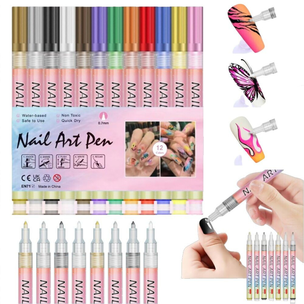 12 Colors Nail Art Pens Set with QuickDry Gel Markers, Fine Tip for Gel Nails and Manicure Designs