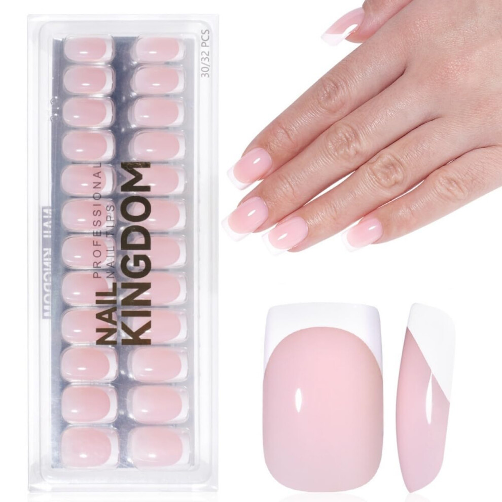 32Pcs Short Square French Tip Press On Nails Kit with Reusable Jelly Glue Acrylic False Nails