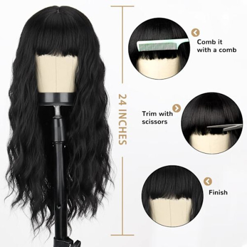 Long black wig with bangs 2