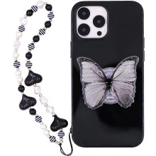 Błyszczące czarne etui na telefon z motylem, kompatybilne z iPhone'em 12Pro – 3D Korea, urocze etui ze stojakiem i łańcuszkiem koralikowym dla