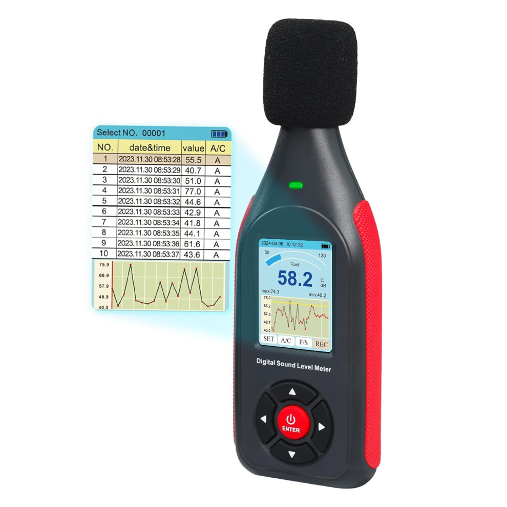 Decibel Meter Digital Sound Level Reader, Three-Color Light Alarm System A/C Weighted Measurement Range 30-130Db, High Accurate Measurement With 9340959113590