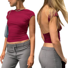 Top corti da donna a maniche corte, girocollo, senza schienale, con ritagli, vestibilità aderente, elasticizzato e leggero, stile anni 2000, tessuto