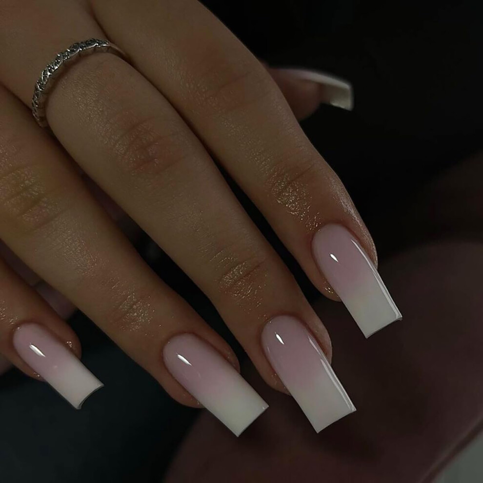 Pink,White Press On Nails French Gradient Square Acrylic False Nails Set 24Pcs Glossy Reusable Pink White