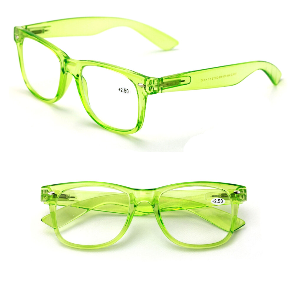 2 Pairs Transparent Neon Color Deluxe Reading Glasses - Comfortable Stylish Simple Readers Rx Magnification