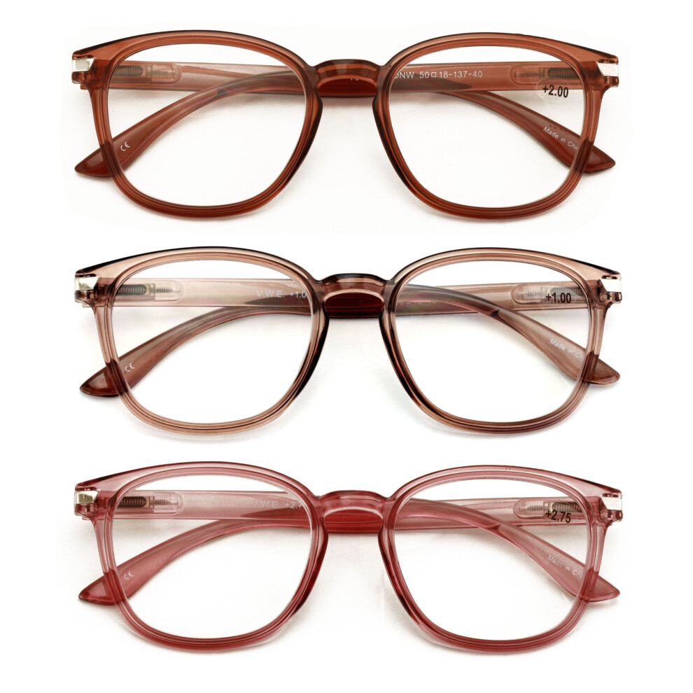 3 Pairs Round Lightweight Reading Glasses - Translucent Clear Spring Hing Reades Men Women 7019 +2.75