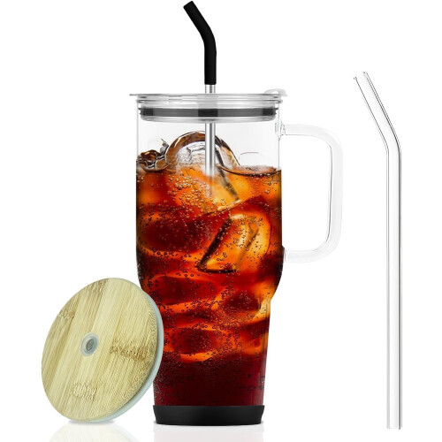 Γυάλινο ποτήρι 32oz με λαβή, παγωμένο φλιτζάνι καφέ με καλαμάκι και καπάκι από
