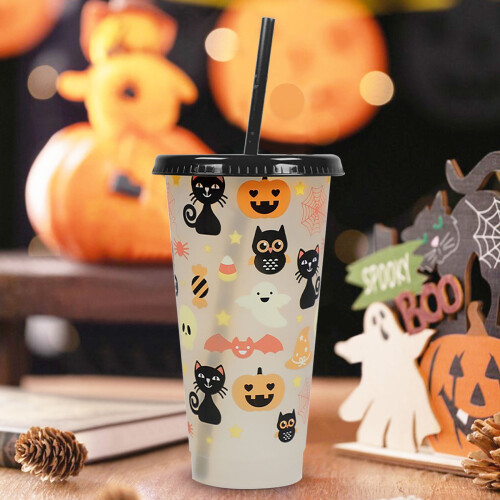 Κούπα TRIEIY με καπάκι και καλαμάκια για Halloween, μαύρη κούπα με γάτες που αλλάζει