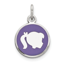 Pingente de prata esterlina com banho de ródio e esmalte roxo, representando a cabeça de uma menina voltada para a direita (QM528)