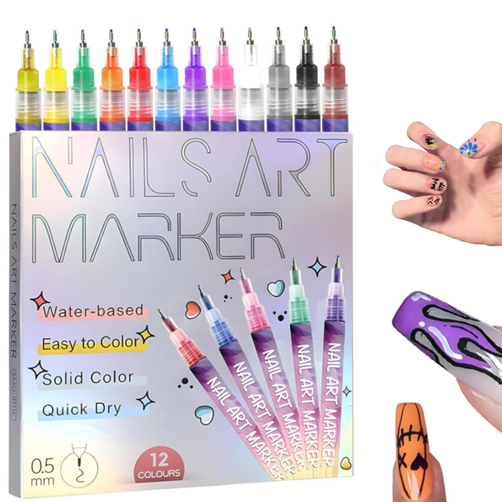 12 Colors Nail Art Pens Set with 0.5mm Precision Tip, QuickDry Gel Nail Art Markers for DIY Salon