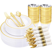 Juego de 350 piezas de platos de plástico plateados: 50 platos llanos de 26 cm (10,25”), 50 platos de postre de 19 cm (7,5”), 50 vasos de 266 ml
