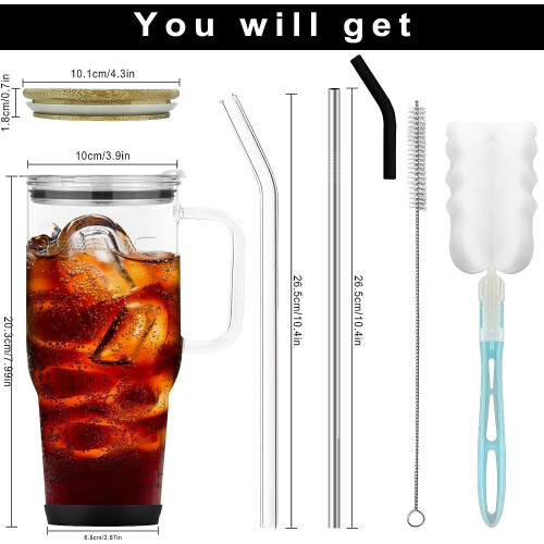 Γυάλινο ποτήρι 32oz με λαβή, παγωμένο φλιτζάνι καφέ με καλαμάκι και καπάκι από 1