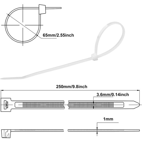 Requisitos para cabos brancos: 100 abraçadeiras de nylon resistentes de 250 mm x 3,6 mm com 25 cm de comprimento (10 polegadas) de comprimento. 1
