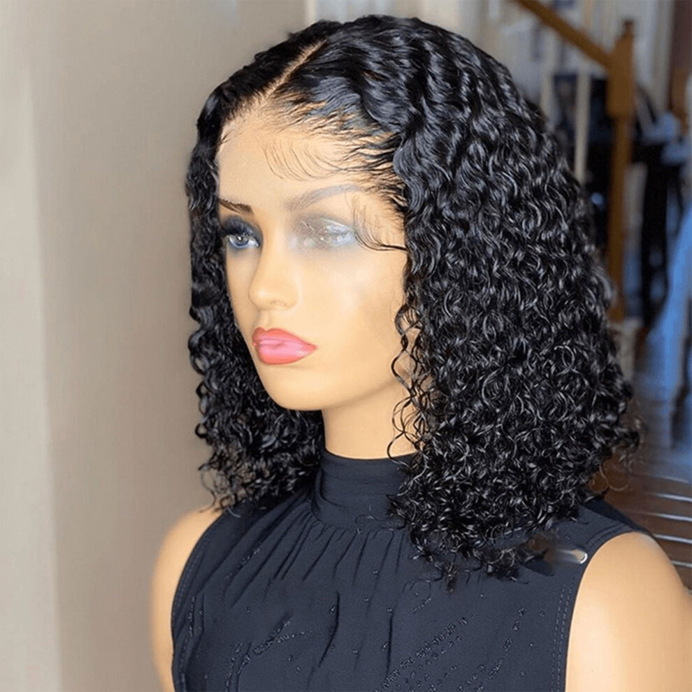 Short Curly Human Hair Wig with Golden Headband, Blonde & Black Brown Lace Front Wigs for Women
