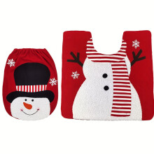 Kerst toiletbrilhoes en -mat set, 2-delig, feestelijk ontwerp met kerstman, rendieren en sneeuwpop, stof, niet-elektrisch, geschikt voor standaard