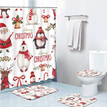 4-delige douchegordijnset 72x72 cm met 12 haken, kerstbaldesign, antislip badmat en toiletbrilhoes voor badkamerdecoratie