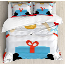 Christmas Duvet Cover Set, Santa with Present Snowy Scene, 3PC Bedding Set with 2 Pillowcases, Sky Blue & Red