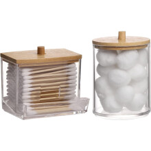 contenitori da bagno per cotton fioc con coperchi in bambù, dispenser per batuffoli/tamponi di cotone da 10/7 oz, barattolo organizer trasparente da
