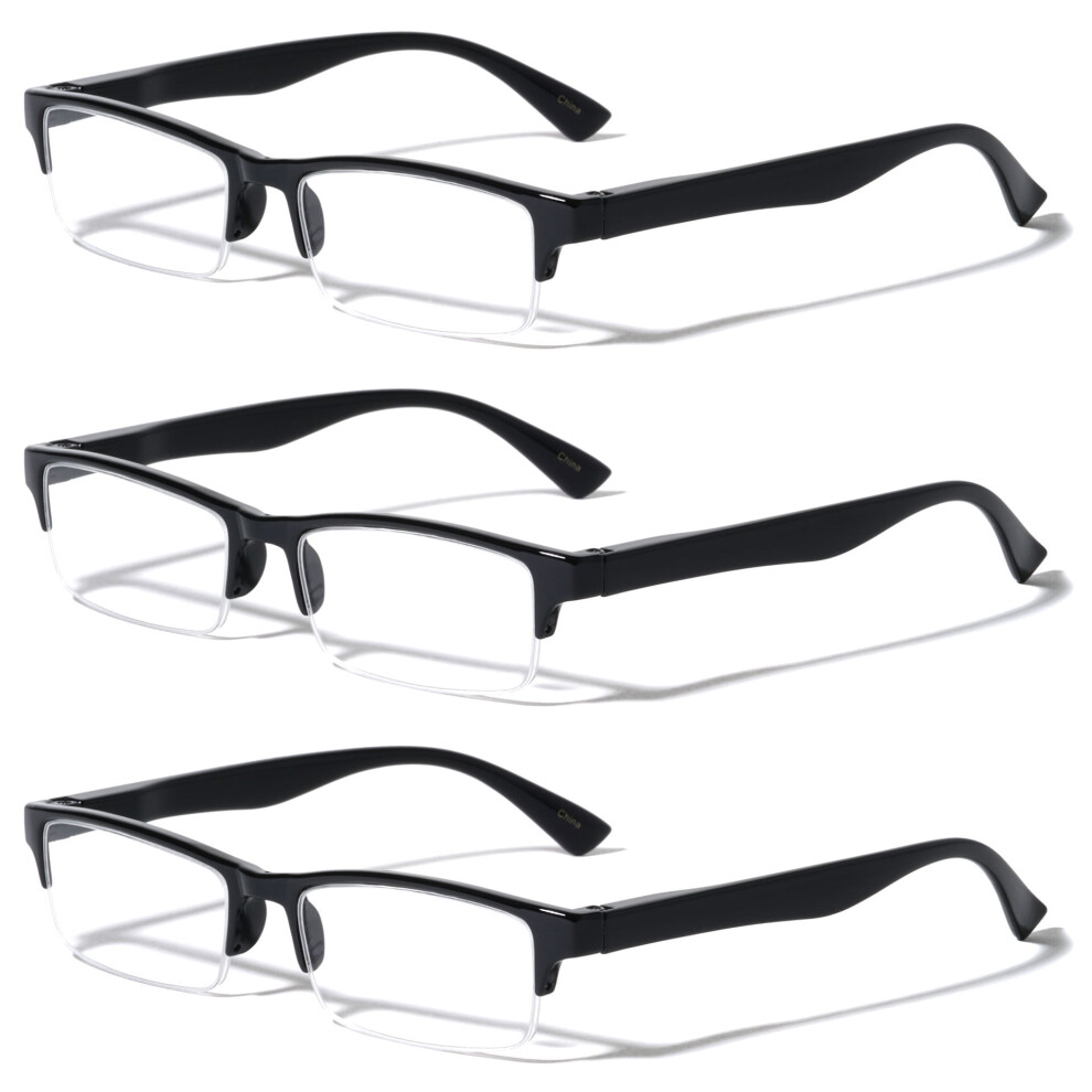 3 Pairs Rectangular Half Rim Reading Glasses - Simple Classic Clear Lens Reader - Spring Hinges +2.25