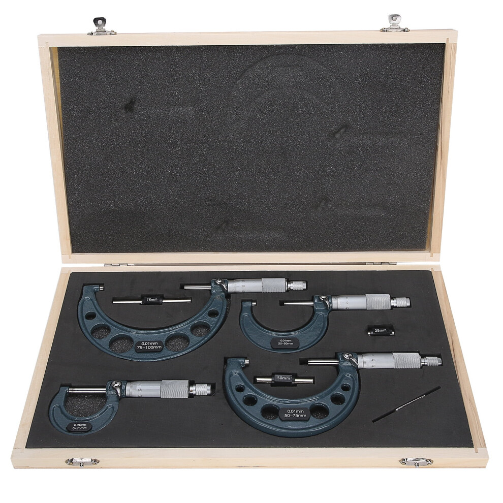 4Pcs 0-100Mm Metric Outside Micrometers Thickness Gauge Measuring Calipers With Case 9004841954141