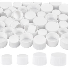 56Pcs White Plastic Screw Caps with Foam Liner 4 Style 18mm/24mm/28mm Flat Round Bottle Jug Storage Cap Lids for Jars and Bottles with Threads