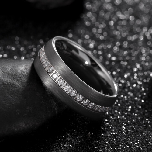 Δαχτυλίδι Tioneer Dome Tungsten Carbide με Eternity Cubic Zirconia σε Ασημί, Χρυσό ή Μαύρο με Μαύρο CZ 1