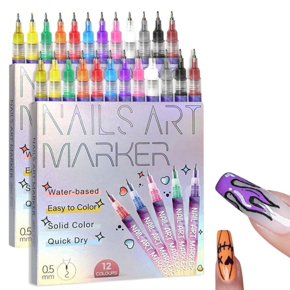 12 Colors Nail Art Pens Set with Precise 0.5mm Tip, QuickDrying Ink for DIY Gel Nail Designs (2 Sets)
