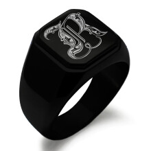 Inel cu sigiliu din oțel inoxidabil, litera R, inițiala monogramei regale, gravat cu vârf plat, pătrat, stil motociclist, lustruit