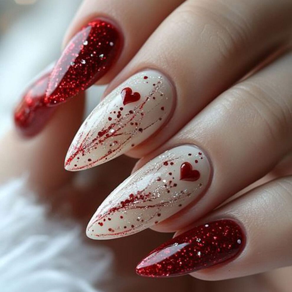 Valentine's Day Press On Nails Almond Shape Red Heart Glitter Reusable Fake Nails for Women