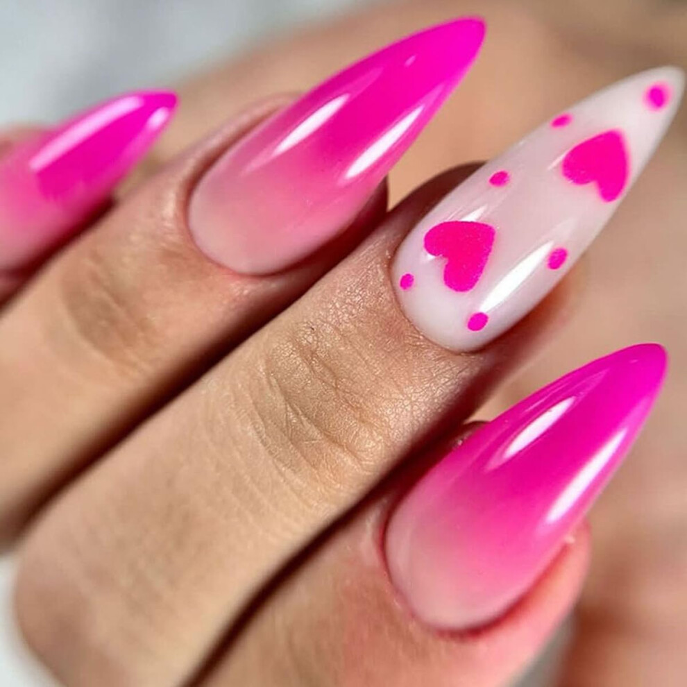 Pink Valentines Press On Nails Medium Almond Fake Nails With Polka Dots And Hearts, 24Pcs