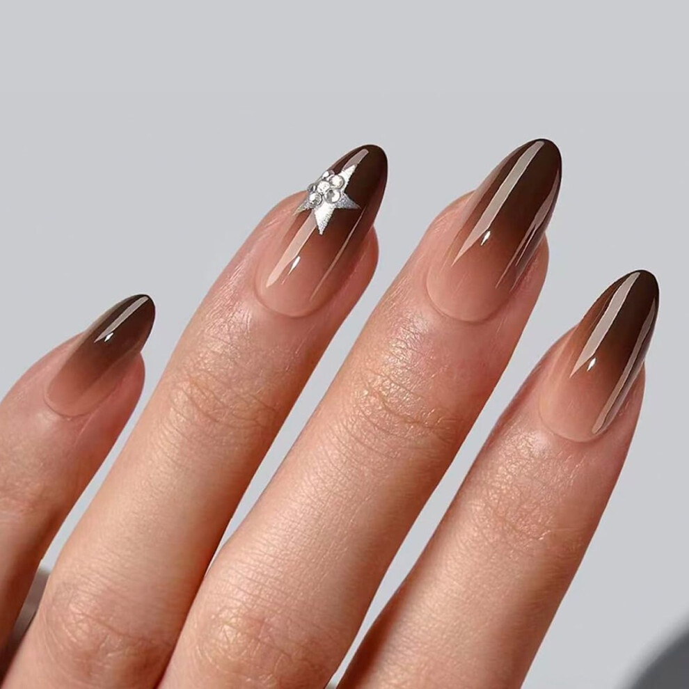 Brown Almond Press On Nails With Rhinestones Gradient Star Design Glossy Reusable Set 24Pcs