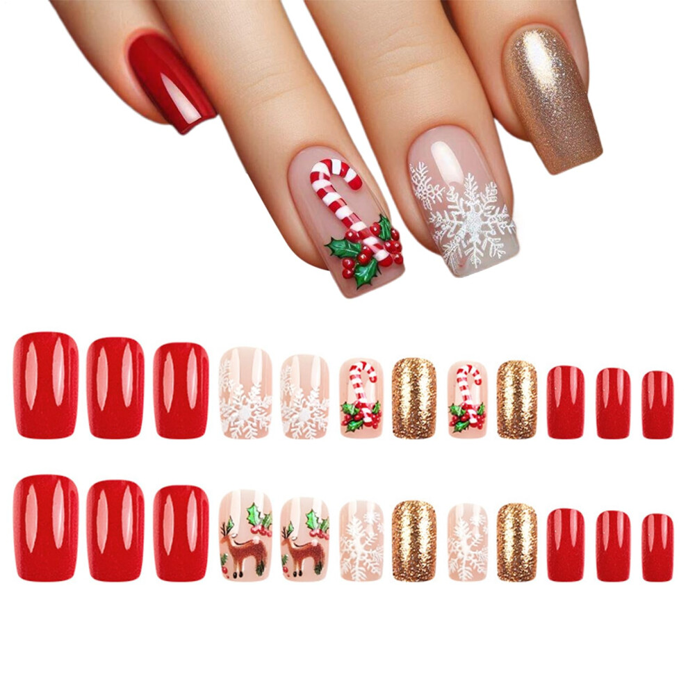 Red,Gold Christmas Press On Nails With Snowflake And Reindeer Glitter, Festive 3D Red Gold Fake Nails
