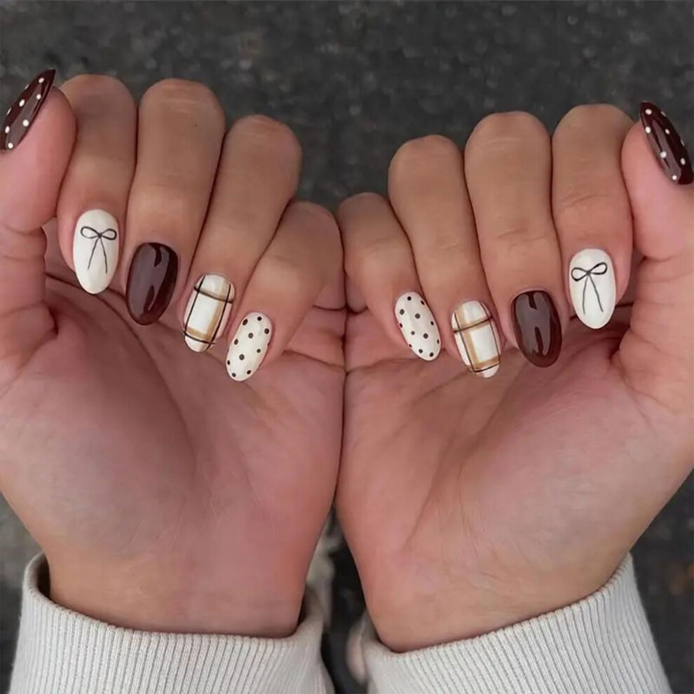 Brown Short Almond Press On Nails Polka Dot Fake Nails With Bow Designs Reusable 24Pcs Set