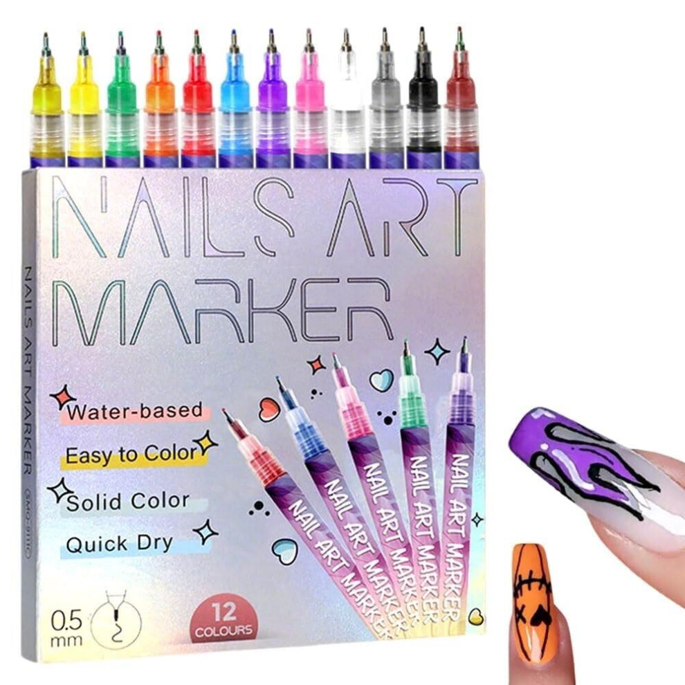 Nail Art Pens Set with 0.5mm Fine Tip, 12 Waterbased Colors for DIY Manicure and Gel Nails
