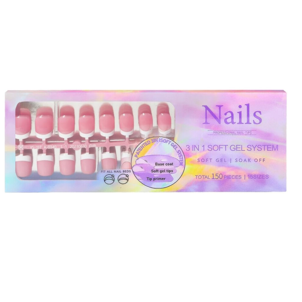 150Pcs Press On Nails Soft Gel Nail Tips PreColored French Style Extensions 14 Sizes Reusable