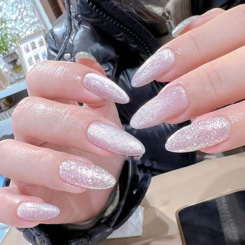 Silver 24Pcs Glitter Press On Nails Almond Shape Medium Length Glossy Fake Nails For Women