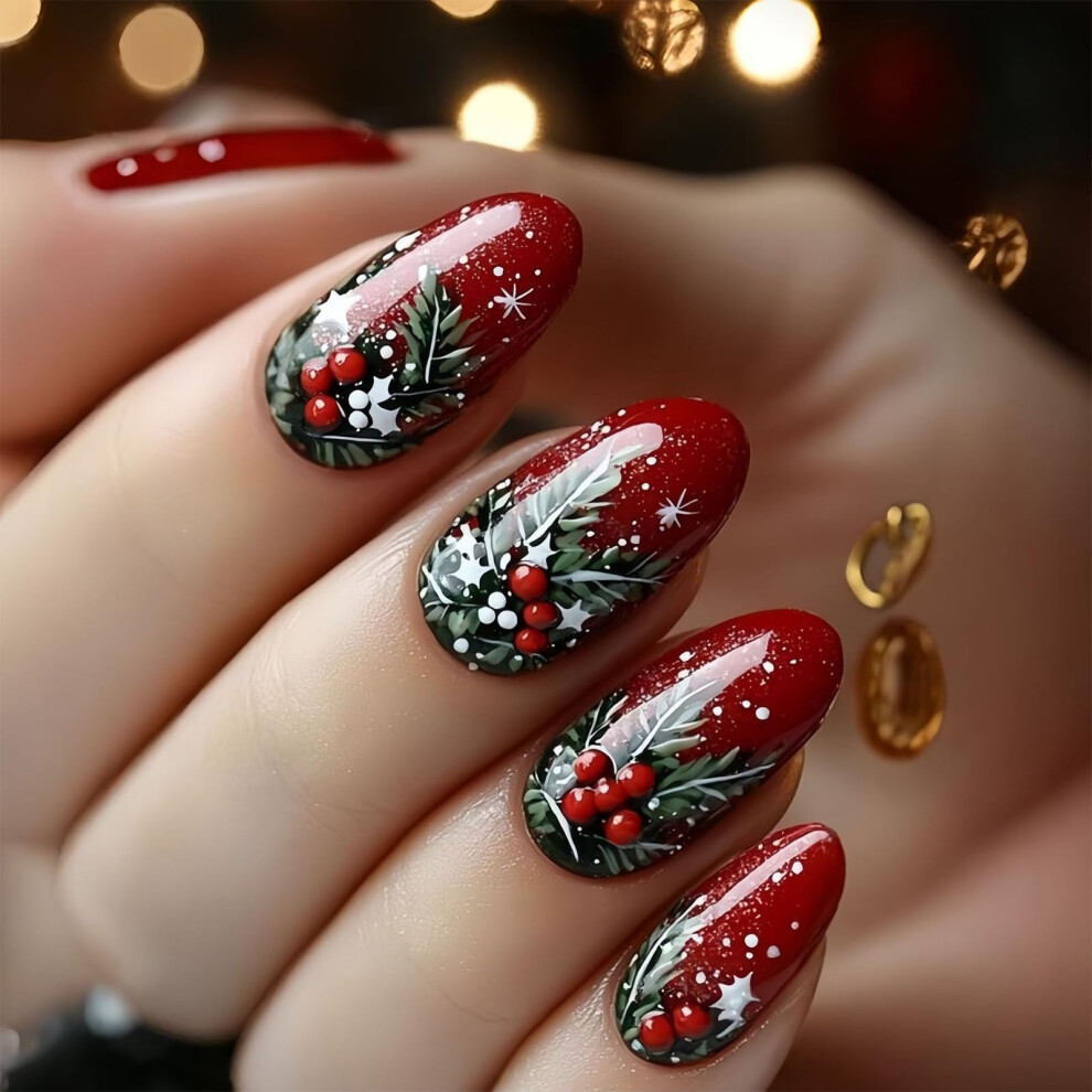 Red Christmas Almond Press On Nails Glitter French Tip Snowflake Fake Acrylic Manicure For Women