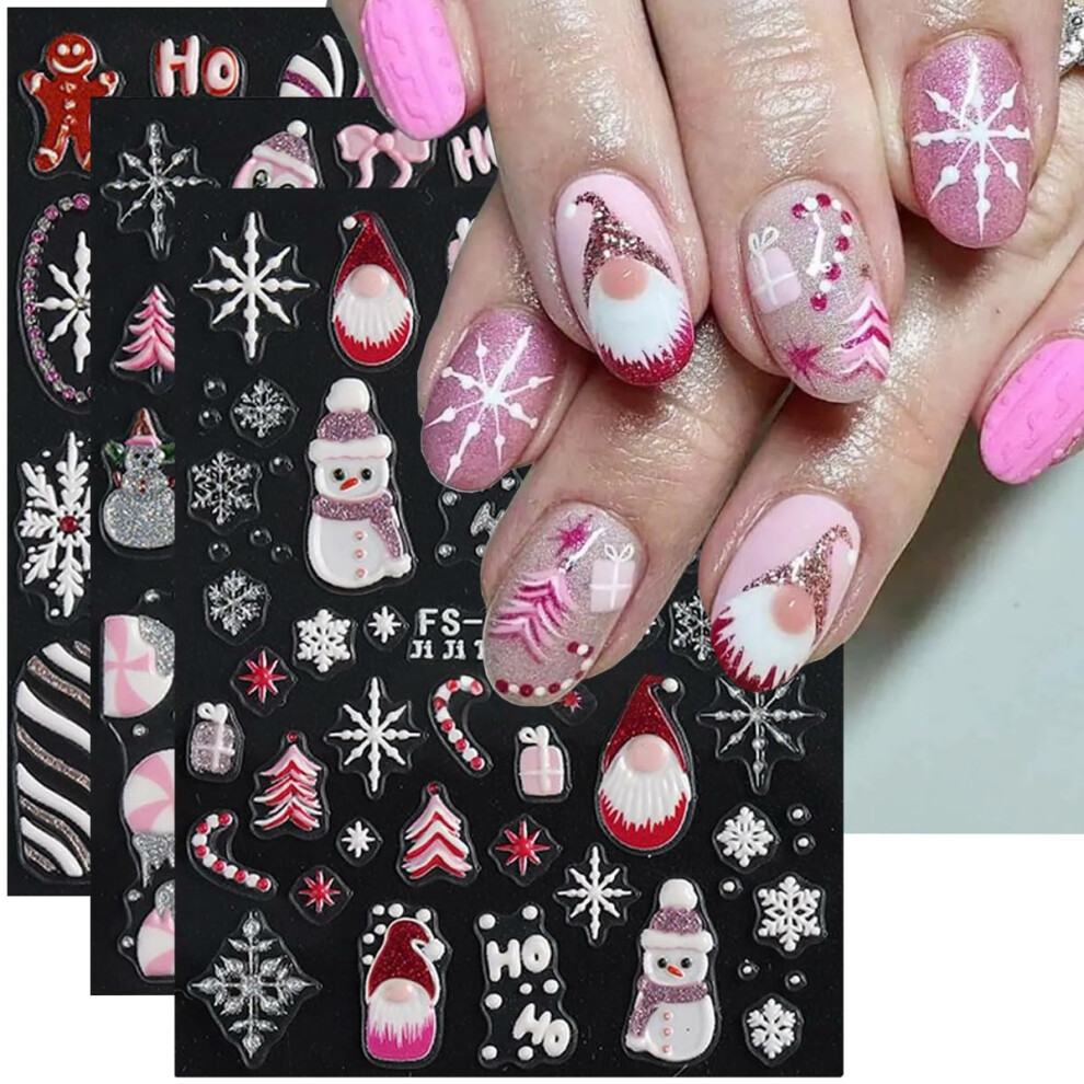 Christmas Nail Stickers 5D Embossed Snowflake Santa Decals 3 Sheets Fast Holiday Manicure