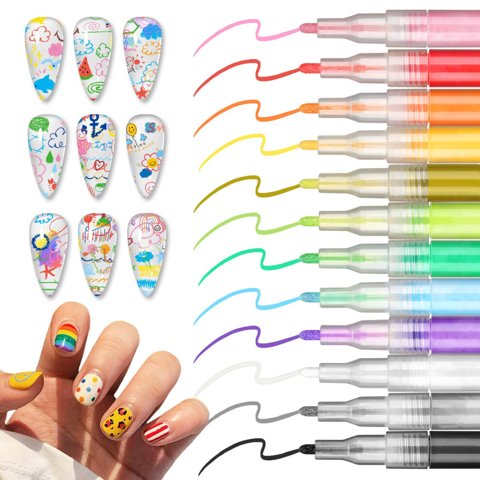 12 Colors Nail Art Pens Set, Waterproof QuickDrying Nail Polish Markers with Fine Tip Precision for DIY Salon