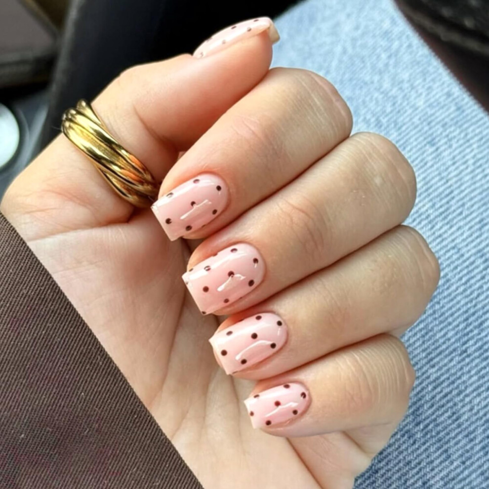Brown Polka Dot Press On Nails Short Coffin Acrylic Fake Nails Set Reusable Multisize Design